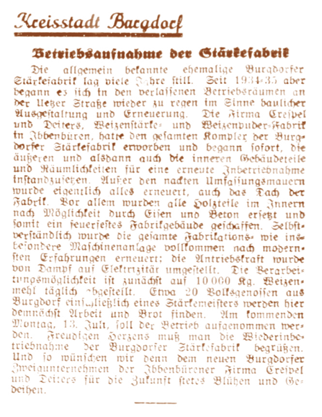 Die Bürger von Burgdorf empfangen Crespel & Deiters mit offenen Armen. Hier der Bericht des Burgdorfer Kreisblatts vom 09.07.1936 über die Wiederaufnahme der Produktion durch Crespel & Deiters.