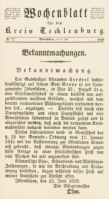 Bekanntmachung des Konzessionsgesuchs von Alexander Crespel zur Fabrikerrichtung im Wochenblatt für den Kreis Tecklenburg vom 3. Juli 1858.
